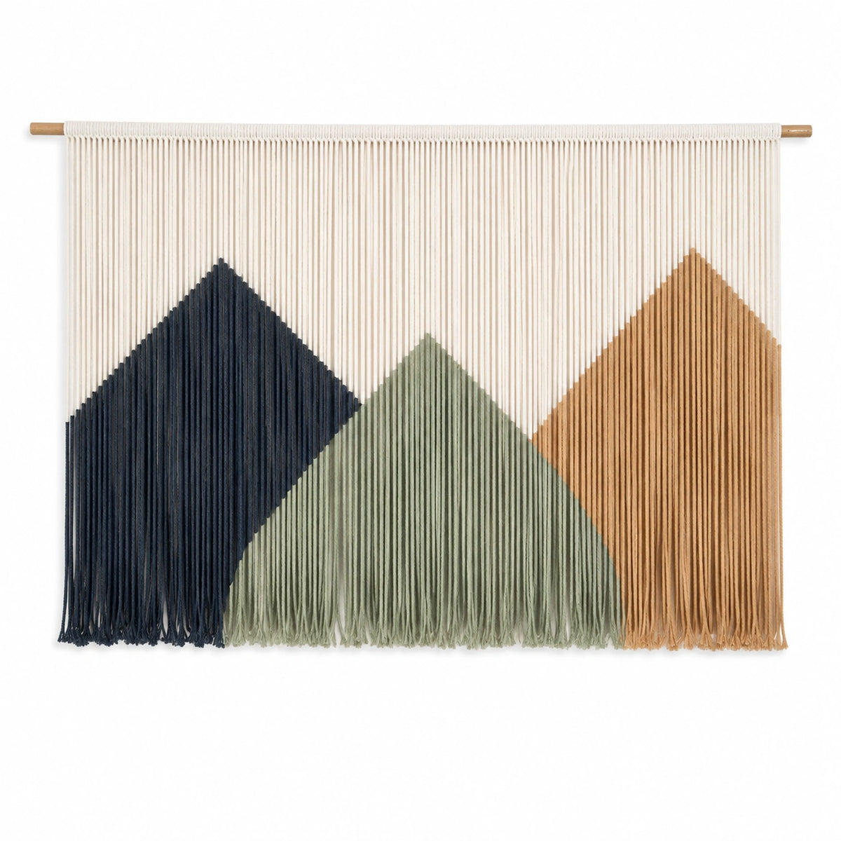 Makramee Wandbehang 100 x 80 cm aus Textilkordel in Creme Dunkelblau Grün Ocker mit Holzstab