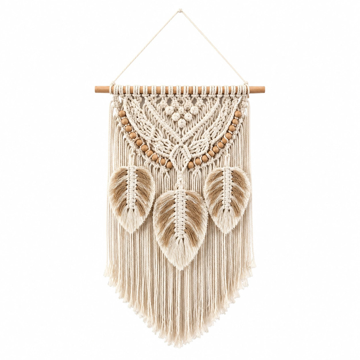 Makramee Wandbehang 50 x 90 cm Baumwolle Natur Beige mit Holzstab im Boho-Stil