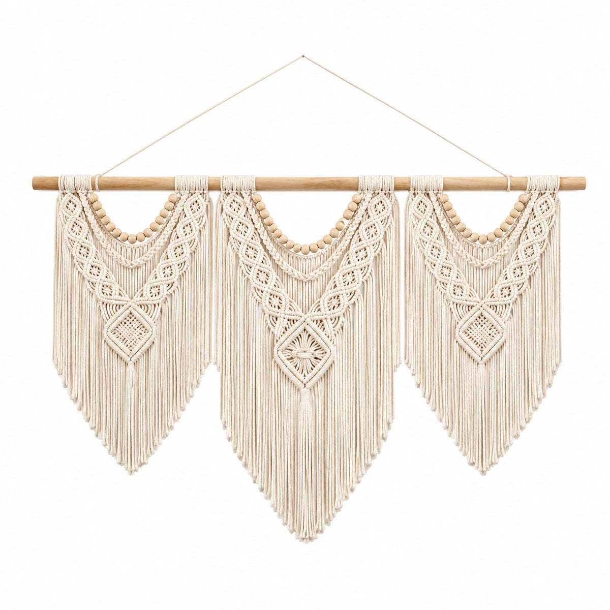 Makramee Wandteppich 100 x 90 cm aus Baumwolle in Beige mit Holzstab für Wanddekoration im Boho Stil