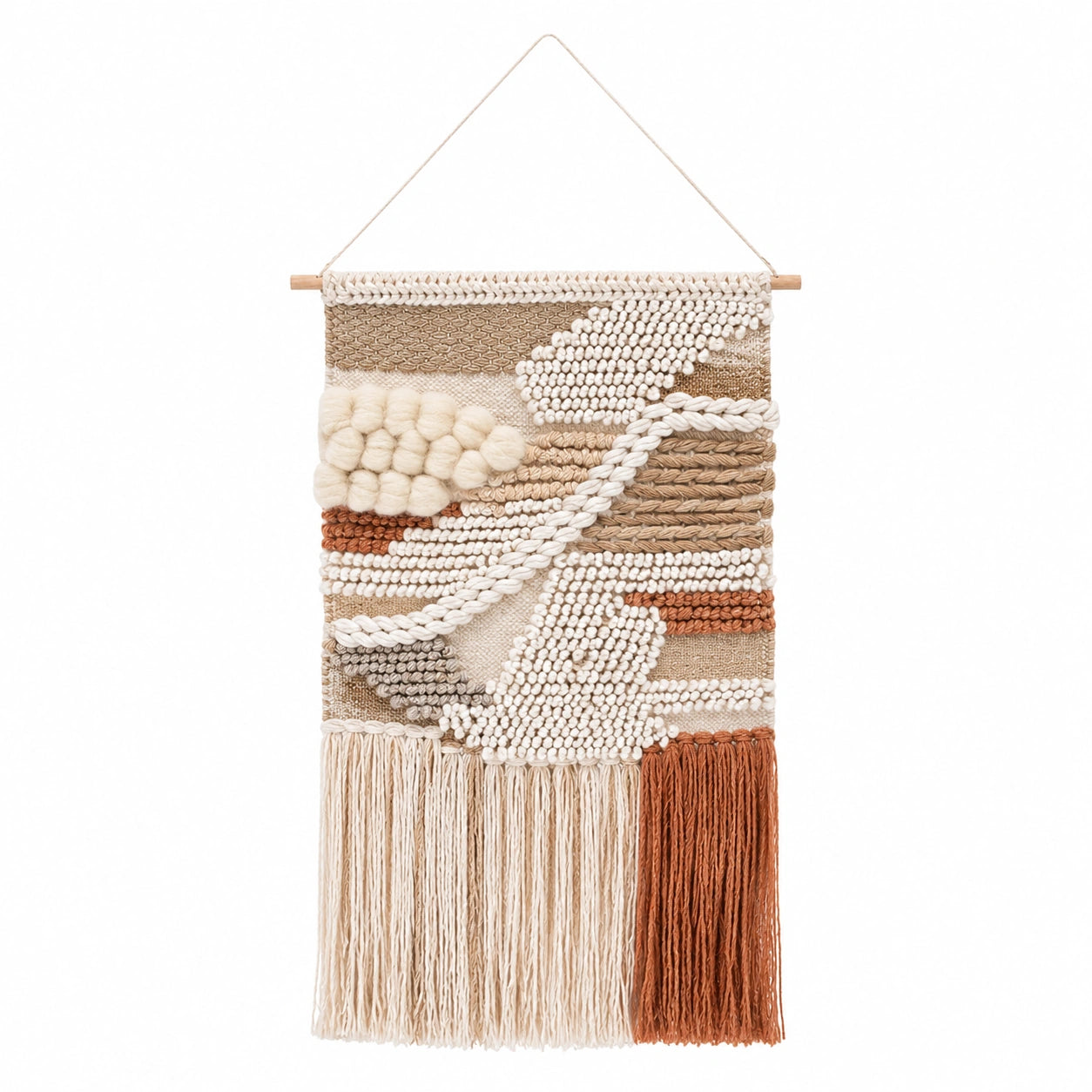 Wandteppich 40 x 80 cm aus Textilgarn in Beige Weiß und Terrakotta mit Fransen