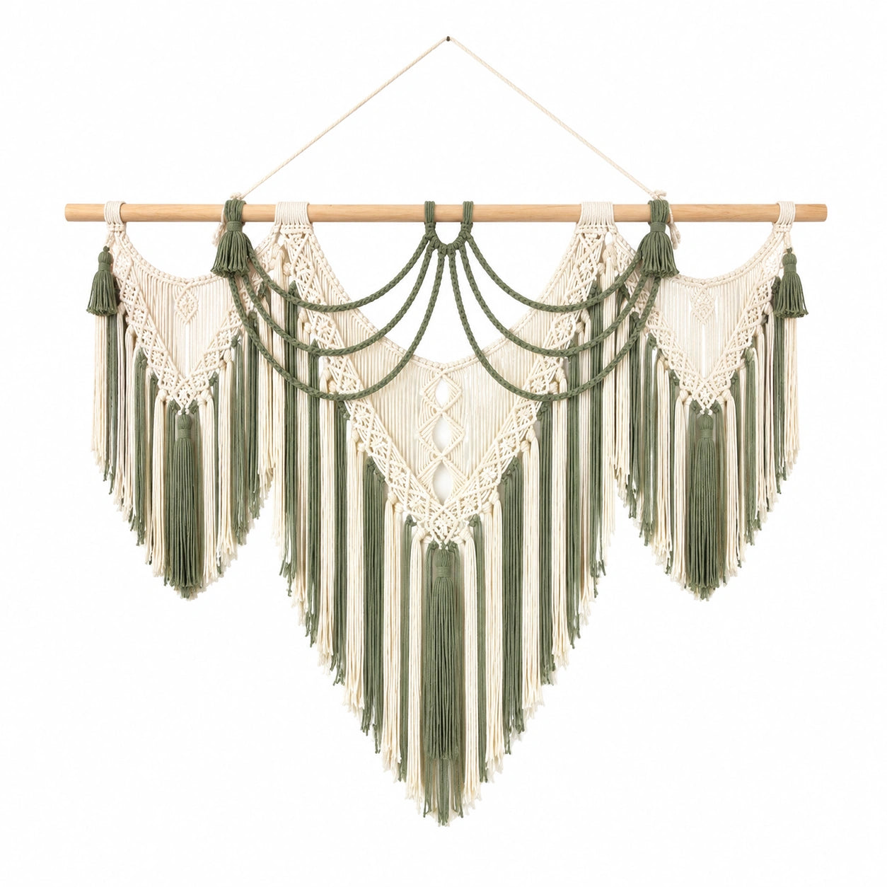 Wandbehang 100 x 105 cm Textilkordel Olivgrün Creme Boho Makramee