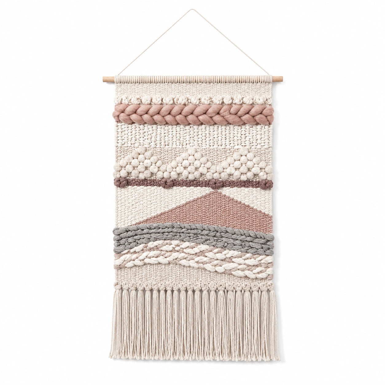 Makramee Wandteppich 50 x 100 cm Baumwolle Beige Rosa Grau Boho Wanddekoration