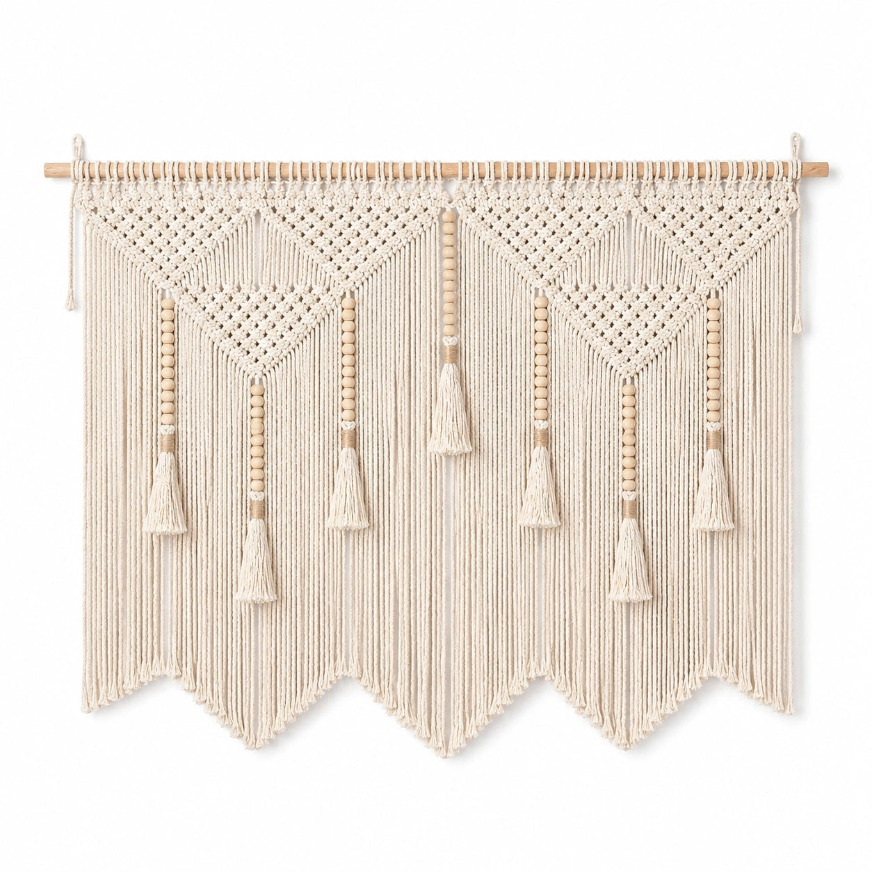 Makramee Wandteppich 100 x 100 cm Baumwolle Beige mit Holzstab und Fransen