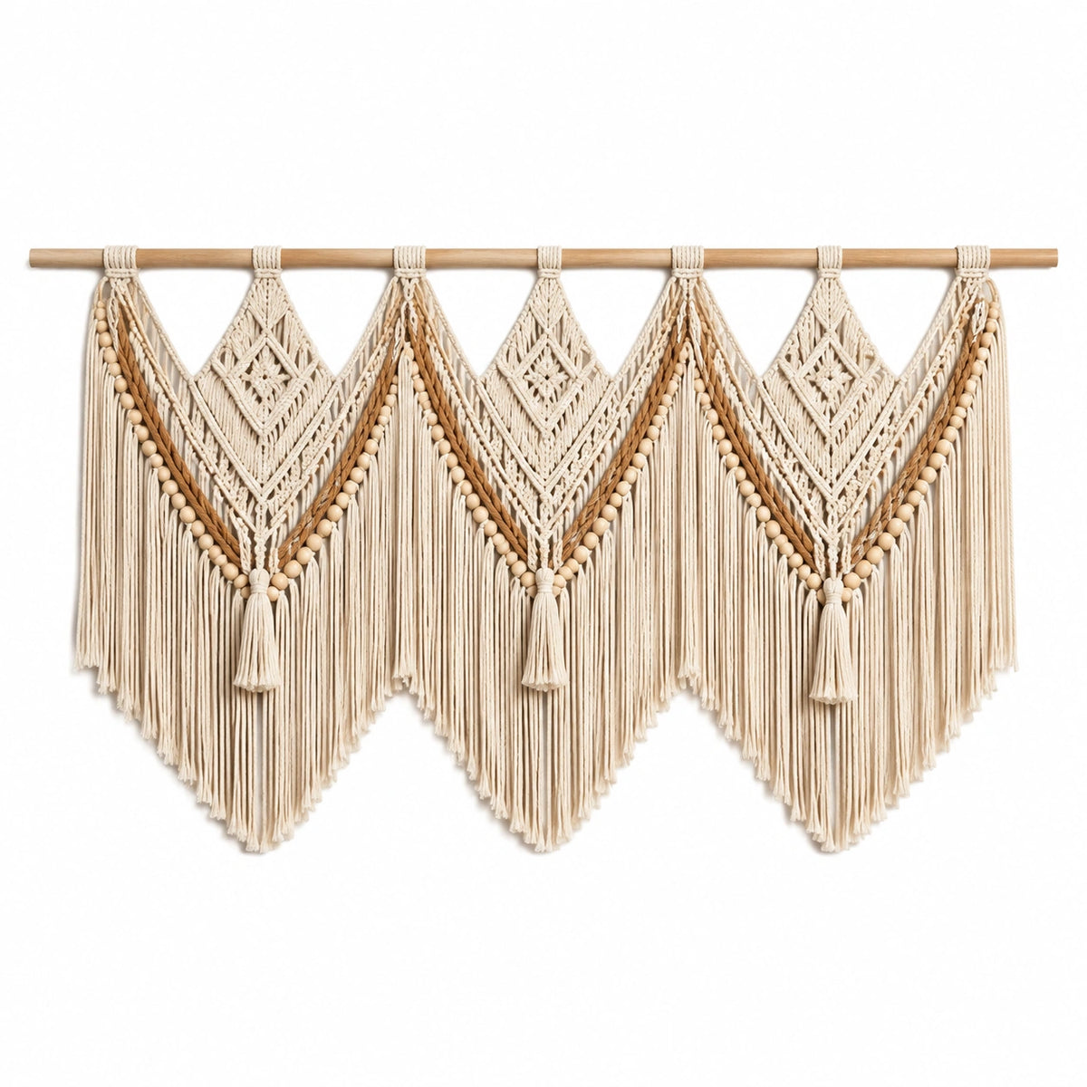 Makramee Wandteppich 120 x 75 cm aus Baumwolle in Beige Braun mit Holzstab und Fransen
