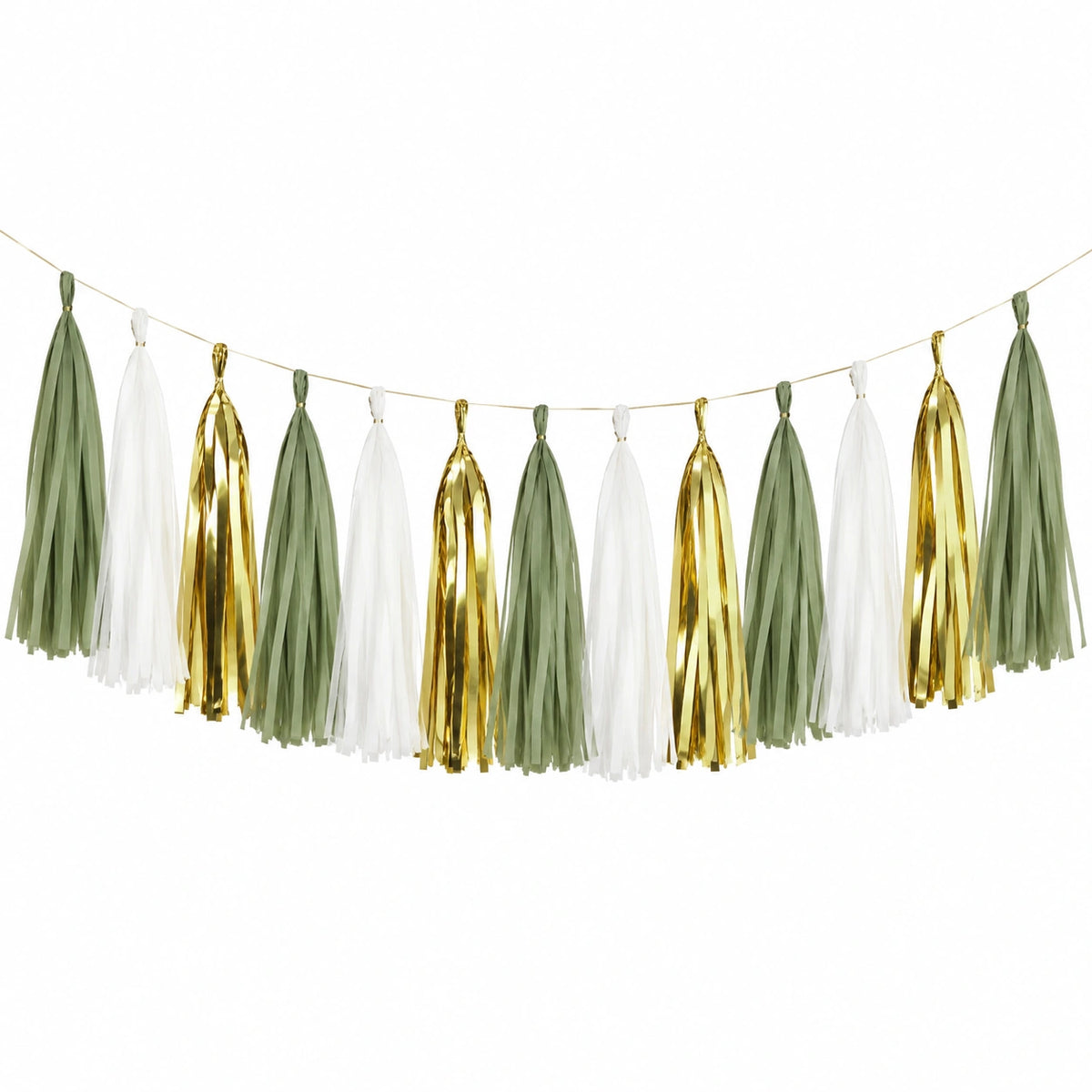 Quastengirlande 200 cm aus Papierfolie Grün Weiß Gold hängende Partydekoration