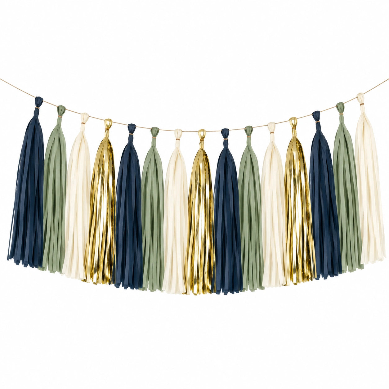Quastengirlande 200 cm Papierfolie Creme Salbeigrün Dunkelblau Gold hängende Partydekoration