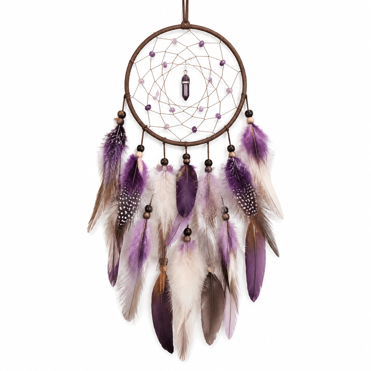 Traumfänger 20 x 60 cm Braun Lila mit Federn und Perlen als Wanddekoration