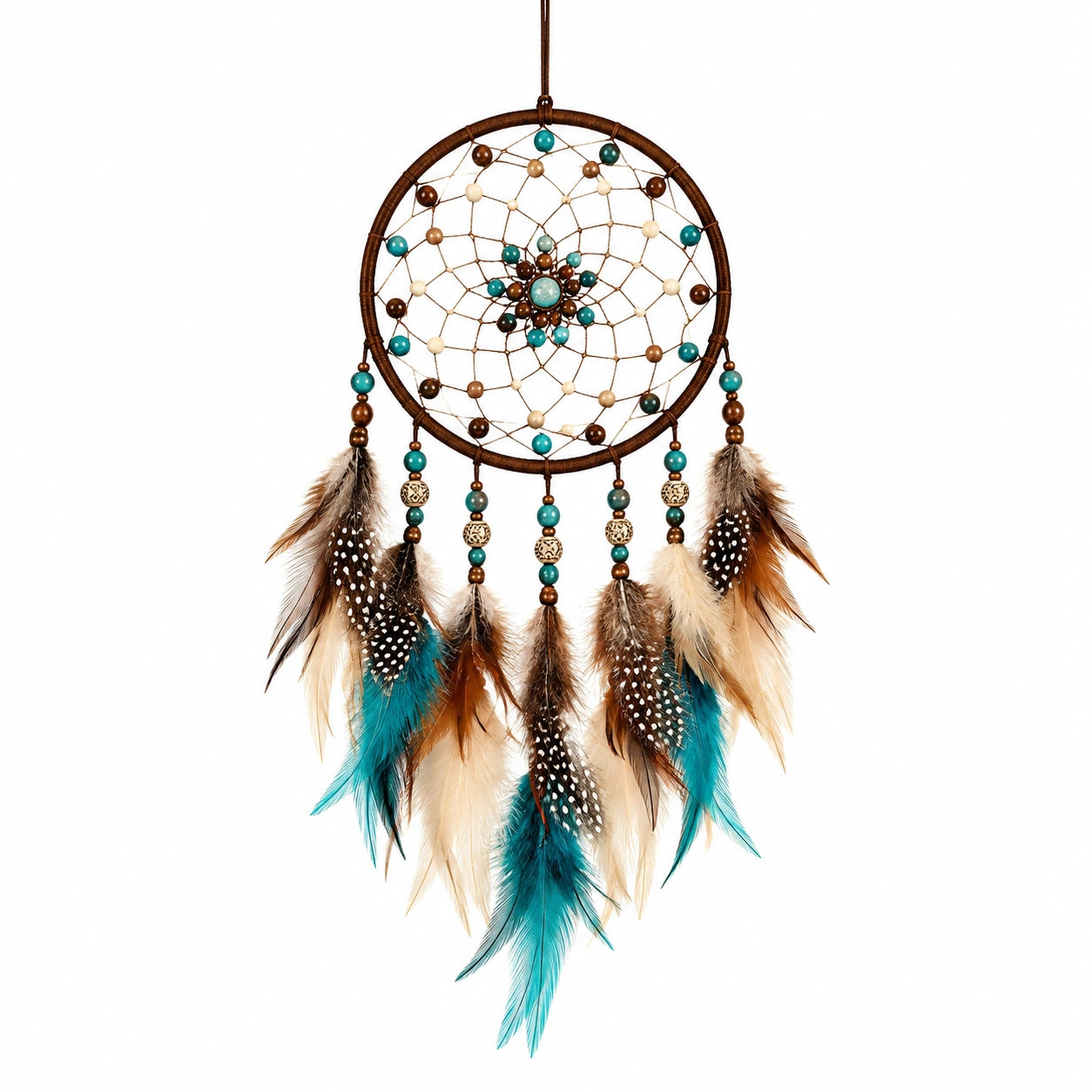 Traumfänger 35 x 75 cm mit Federn Perlen Braun Türkis Wanddekoration Boho