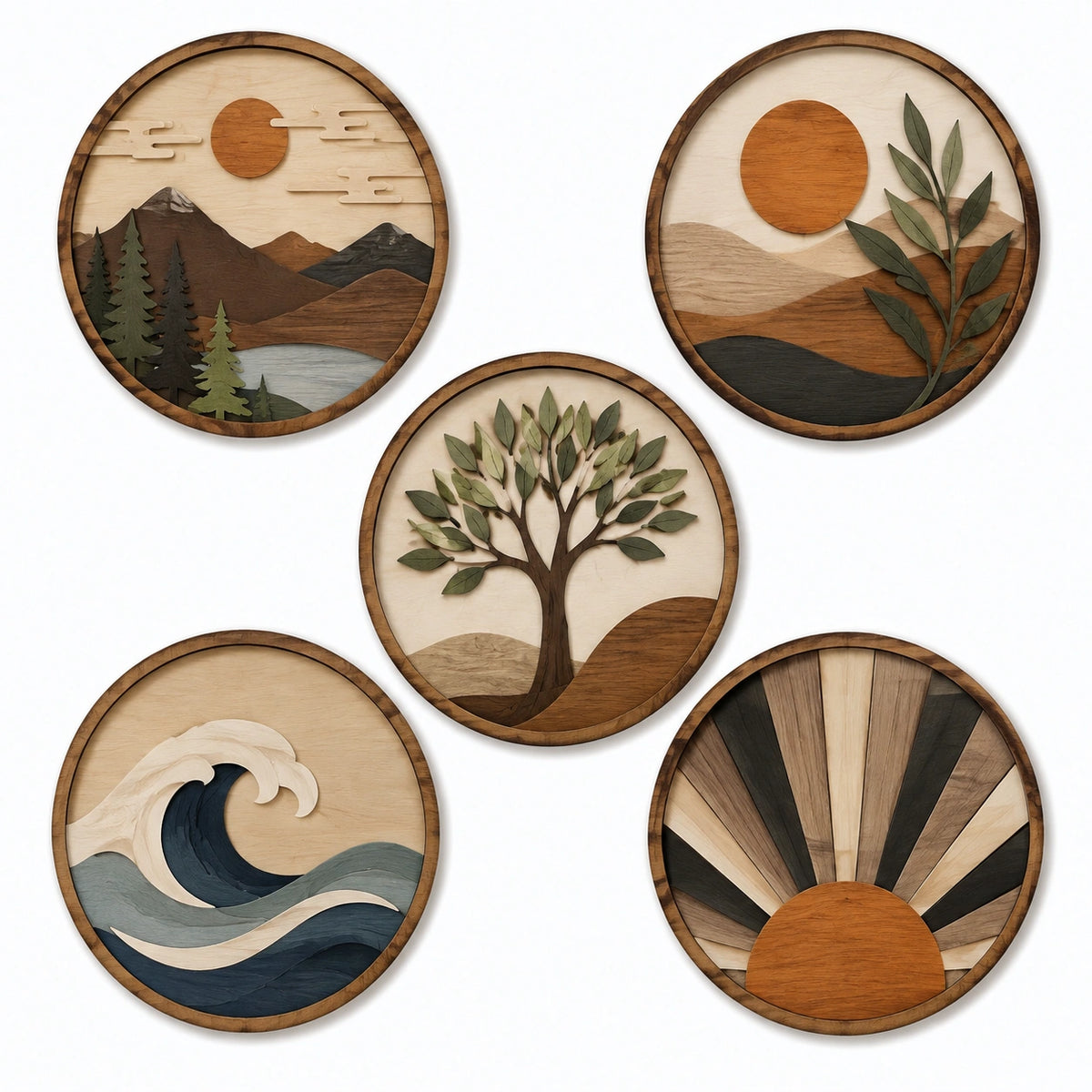 Wanddekoration 5er Set 30 cm aus Holz in Naturbraun mit Landschaftsmotiven