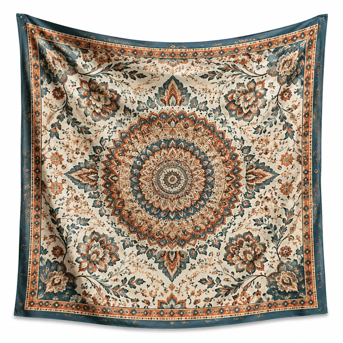 Wandteppich 150 x 150 cm aus Polyester Cremeblau Terrakotta mit Blumen Mandala Muster