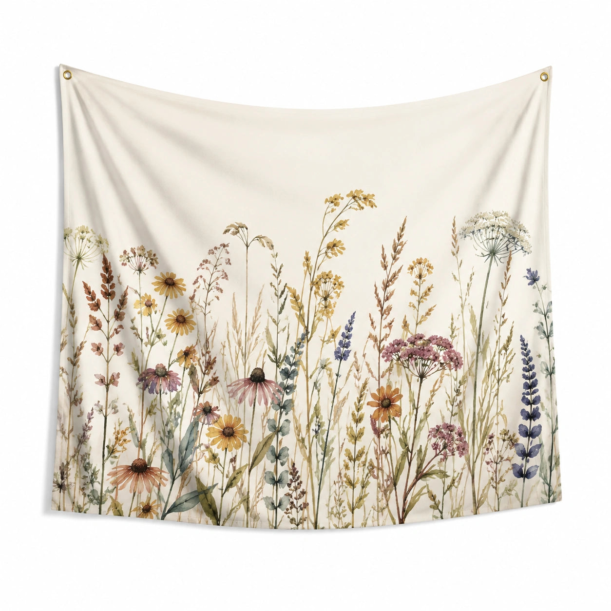 Wandteppich 150 x 130 cm aus Polyester in Creme mit Wildblumenmotiv im Landhausstil