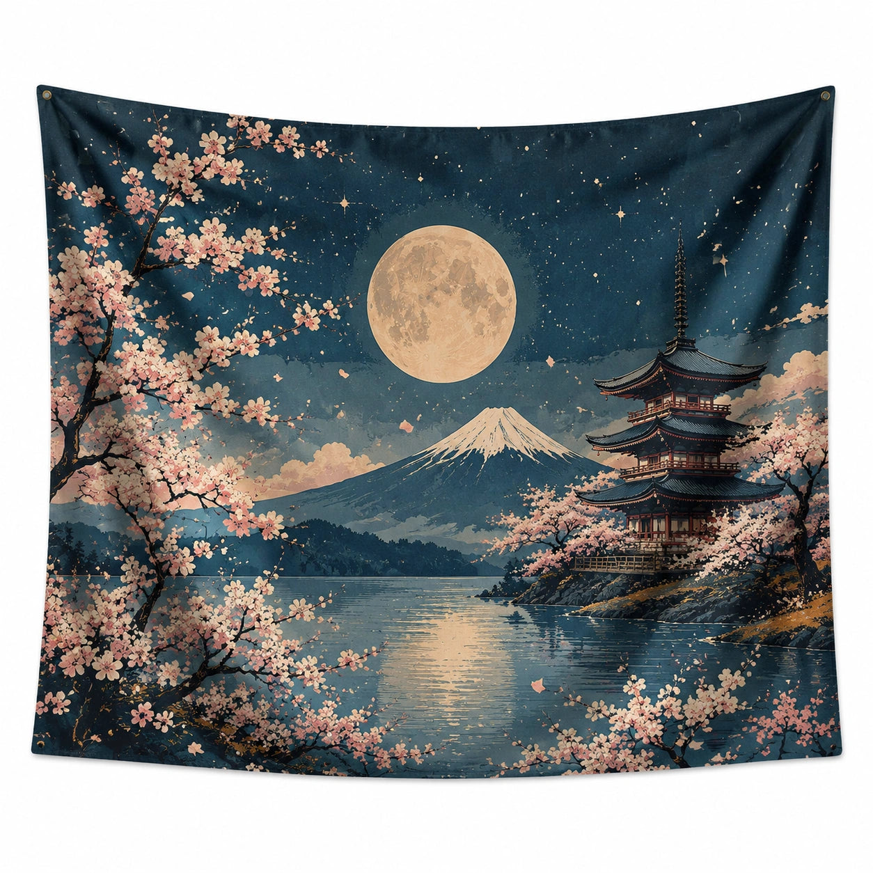 Wandteppich 150 x 130 cm aus Polyester Blau mit Mond Berg Blüten Motiv für Wanddekoration