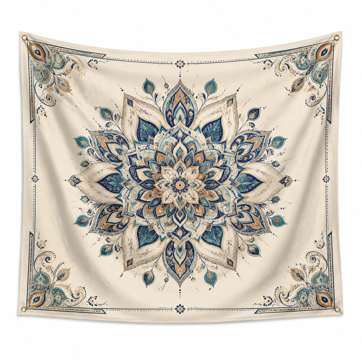 Wandteppich 150 x 150 cm Textilgewebe Beige Blau Mandala Muster mit Ösen
